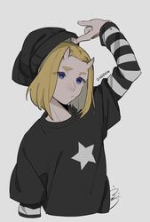  1boy a&#039;he_(the_legend_of_luoxiaohei) arm_up beanie black_hat black_shirt blonde_hair blue_eyes dated drruraguchi expressionless grey_background hat highres horns layered_sleeves long_sleeves luo_xiaohei_zhanji male_focus medium_hair print_shirt shirt short_over_long_sleeves short_sleeves simple_background solo 