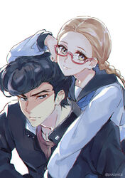  1boy backlighting bad_id bad_pixiv_id black_hair black_sailor_collar blonde_hair blue_eyes braid commentary_request female gakuran glasses grey_eyes head_rest jacket juusan_kihei_bouei_ken kisaragi_tomi leaning_on_person long_hair long_sleeves megu_(pokanica) ogata_nenji open_clothes open_jacket pompadour red_shirt sailor_collar school_uniform shirt simple_background twitter_username undershirt upper_body white_background white_shirt 