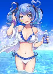  :d armpits bare_shoulders bikini blue_angel_(yu-gi-oh!) blue_eyes blue_hair blue_sky blush bottle bow breasts cleavage cloud collarbone commentary_request cowboy_shot day earrings facial_tattoo female frilled_bikini frills groin hairbow halterneck hand_up heart heart_earrings heart_hair highres holding holding_bottle jewelry large_breasts looking_at_viewer lower_teeth_only midriff multicolored_hair navel ocean off_shoulder open_clothes open_mouth open_shirt outdoors pinyata_(pinyaland) purple_scrunchie scrunchie shirt short_sleeves side-tie_bikini_bottom sidelocks sky smile solo standing swimsuit tattoo teeth twintails wading water_bottle water_drop wet white_bikini white_shirt wrist_scrunchie yu-gi-oh! yu-gi-oh!_vrains 