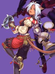  2girls :d adventurer_(ff11) animal_ear_fluff animal_ears automaton_(final_fantasy) blue_eyes blue_pupils cat_ears cat_girl cat_tail cross-laced_clothes dark-skinned_female dark_skin facial_mark final_fantasy final_fantasy_xi gloves highres hume leg_up long_sleeves mithra_(ff11) multiple_girls no_eyebrows puffy_sleeves puppetmaster_(final_fantasy) purple_background red_mage_(final_fantasy) short_hair simple_background sleeves_past_elbows smile solo_focus tail teeth white_hair yuccoshi 