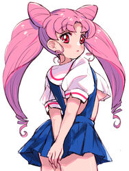  aged_up arms_behind_back bishoujo_senshi_sailor_moon bishoujo_senshi_sailor_moon_supers blush breasts chibi_usa commentary_request cone_hair_bun eru female hair_bun juuban_elementary_school_uniform long_hair looking_at_viewer looking_back medium_breasts pink_hair puffy_short_sleeves puffy_sleeves red_eyes school_uniform short_sleeves skirt solo suspender_skirt suspenders twintails underboob undersized_clothes 