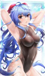  ahoge armpits arms_behind_head arms_up bad_id bad_pixiv_id black_leotard blue_hair breasts chinese_commentary covered_navel female ganyu_(genshin_impact) genshin_impact goat_horns highres horns leotard long_hair looking_at_viewer medium_breasts parted_lips purple_eyes solo swimsuit wangzili_shitoumen 