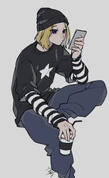  1boy a&#039;he_(the_legend_of_luoxiaohei) beanie black_hat black_shirt blonde_hair blue_eyes commentary_request cup drruraguchi foot_out_of_frame grey_background hat highres holding holding_cup holding_phone invisible_chair layered_sleeves long_sleeves luo_xiaohei_zhanji male_focus phone print_shirt shirt short_hair short_over_long_sleeves short_sleeves simple_background sitting solo 