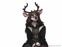  2022 anthro antlers arms_together black_nose blue_eyes breasts brown_hair clothed clothing collarbone deer digital_media_(artwork) eyebrows eyewear female fur glasses hair hands_between_legs hoodie horn jacket koul long_hair looking_up mammal multicolored_body multicolored_fur pink_inner_ear raised_eyebrow simple_background sitting solo topwear two_tone_body two_tone_fur white_background 