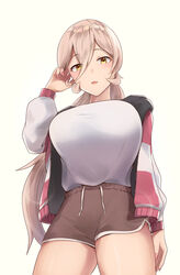  blonde_hair breasts dolphin_shorts female hair_between_eyes highres hinataa jacket large_breasts long_hair looking_at_viewer nijisanji nui_sociere nui_sociere_(2nd_costume) oerba_yun_fang open_mouth shirt short_shorts shorts simple_background solo track_jacket virtual_youtuber white_background yellow_eyes 