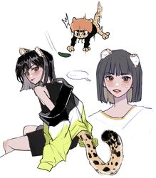  ... animal_ear_fluff animal_ears animalization animification black_hair black_jacket black_shirt black_shorts blush cheetah_ears cheetah_girl cheetah_tail female head_tilt highres jacket jumping k-pop kemonomimi_mode kim_chae-won le_sserafim looking_at_viewer looking_back motion_blur multicolored_clothes multicolored_jacket multiple_views murenzi parted_lips real_life scared shirt shorts sitting sleeveless sleeveless_shirt speech_bubble spoken_ellipsis sweatdrop v-shaped_eyebrows white_background white_shirt yellow_jacket 