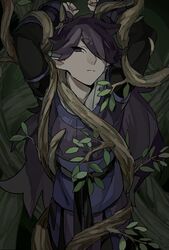  1boy arms_up drruraguchi expressionless fengxi_(the_legend_of_luoxiaohei) hair_over_one_eye highres leaf looking_at_viewer luo_xiaohei_zhanji male_focus plant pointy_ears solo 