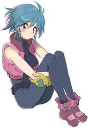  ahoge allenby_beardsley belt black_belt black_bodysuit blue_eyes blue_hair blush bodysuit boots breasts closed_mouth commentary female full_body g_gundam gloves gundam hair_between_eyes highres hugging_own_legs jewelry looking_at_viewer medium_breasts necklace pink_vest purple_footwear short_hair simple_background sitting sleeveless smile solo tanakalma taut_clothes turtleneck vest white_background yellow_gloves 