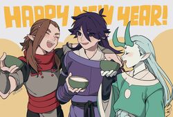  3boys aqua_hair aqua_horns blush brown_hair closed_eyes dated drruraguchi english_text eyes_visible_through_hair fengxi_(the_legend_of_luoxiaohei) hair_between_eyes happy_new_year highres holding horns long_sleeves luo_xiaohei_zhanji luozhu_(the_legend_of_luoxiaohei) male_focus multiple_boys new_year open_mouth purple_hair short_sleeves smile xuhuai_(the_legend_of_luoxiaohei) 