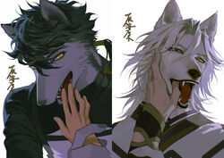  2boys animal_ears bishounen black_hair blue_eyes body_fur braid chinese_clothes chinese_text claws disembodied_hand fangs finger_in_another&#039;s_mouth furry furry_male grey_fur grey_hair hand_grab hand_on_another&#039;s_face hand_up heterochromia kinsatsu_(grizzled) long_hair long_sleeves looking_at_viewer low_ponytail male_focus multiple_boys open_mouth original portrait short_hair_with_long_locks simple_background tongue upper_body white_background wolf_boy wolf_ears yellow_eyes 