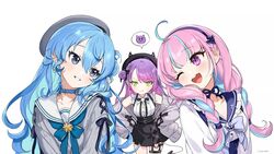  3girls ahoge anchor_symbol artist_name black_headwear black_skirt blue_eyes blue_hair blunt_bangs blush braid breasts cleavage collarbone collared_shirt colored_inner_hair earrings elreyiens green_eyes grey_headwear grey_shirt grin hair_between_eyes hands_on_own_hips hat heart hololive hoshimachi_suisei hoshimachi_suisei_(school_uniform) jewelry jirai_kei long_hair long_sleeves looking_at_another minato_aqua minato_aqua_(sailor) multicolored_hair multiple_earrings multiple_girls official_alternate_costume one_eye_closed open_mouth pink_eyes pink_hair pointy_ears pouch purple_hair sailor_collar shirt skirt sleeves_past_wrists smile spoken_emoji star_(symbol) star_in_eye startend_(hololive) symbol_in_eye tokoyami_towa tokoyami_towa_(jirai_kei) twin_braids two-tone_hair virtual_youtuber white_background white_shirt 