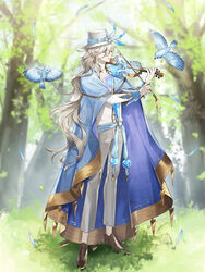  1boy airm bad_source bird blue_bird blue_cape blue_cheese_(food_fantasy) blue_eyes blue_ribbon bow_(music) brown_footwear cape falling_leaves feather_hair_ornament feathers fedora food_fantasy forest from_side glasses gold_trim grass grey_pants hair_ornament hat hat_ribbon highres instrument leaf light_smile long_hair looking_at_viewer male_focus music nature official_art open_clothes open_shirt outdoors pale_skin pants partially_unbuttoned playing_instrument ribbon round_eyewear sash scar scar_on_chest shirt sleeve_cuffs solo standing tree veins violin wavy_hair white_hair white_hat white_shirt 