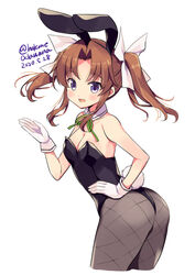  animal_ears black_leotard black_pantyhose brown_hair commentary cropped_legs dated detached_collar fake_animal_ears female gloves green_ribbons hair_ribbon kagerou_(kancolle) kagerou_kai_ni_(kancolle) kantai_collection leotard long_hair neck_ribbon odawara_hakone one-hour_drawing_challenge open_mouth pantyhose playboy_bunny purple_eyes rabbit_ears rabbit_tail ribbon simple_background smile solo strapless strapless_leotard tail twintails twitter_username white_background white_gloves white_ribbon 