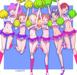  6+girls :d ;d arisugawa_himari arm_up armpits bad_id bad_pixiv_id blonde_hair blue_eyes blue_hair bow brown_eyes brown_hair cheerleader green_eyes hairband hairbow highres kenjou_akira kirahoshi_ciel kirakira_precure_a_la_mode kotozume_yukari midriff miyagoe_yoshitsuki multiple_girls navel oerba_yun_fang one_eye_closed open_mouth orange_hair panties photoshop_(medium) pink_hairband pom_pom_(cheerleading) ponytail precure purple_eyes purple_hair purple_skirt red_eyes red_hair short_hair skirt smile standing standing_on_one_leg tategami_aoi twintails underwear usami_ichika yellow_bow 