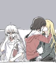  3girls alcohol bad_id bad_pixiv_id black_hair blonde_hair bottle cup drinking_glass furrowed_brow girl_drinking_while_guys_make_out_(meme) glasses hand_on_another&#039;s_hip hood hoodie ikoo_180 jacket kamikoshi_sorawo kissing kozakura_(urasekai_picnic) left_out long_hair loose_clothes loose_shirt meme multiple_girls nishina_toriko shirt simple_background transparent_hand urasekai_picnic white_hair wine wine_bottle wine_glass yuri 