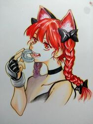  animal_ear_fluff animal_ears bare_shoulders black_choker bow braid cat_ears choker cropped_torso extra_ears female fingerless_gloves gloves hand_up highres holding kaenbyou_rin looking_ahead mouth_guard nunnun_(shunka_shuutou) open_mouth red_eyes red_hair smile solo teeth touhou traditional_media twin_braids upper_body 