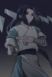  1boy black_background black_eyes black_hair commentary drruraguchi expressionless floating floating_object gradient_background highres long_hair luo_xiaohei_zhanji male_focus short_sleeves solo symbol-only_commentary upper_body very_long_hair wuxian_(the_legend_of_luoxiaohei) 