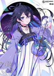  black_hair blue_eyes blue_hair chinese_clothes choker earrings female gradient_hair hagoromo hair_rings hanfu highres jewelry kamitsubaki_studio kisumi_rei koko_(kamitsubaki_studio) looking_at_viewer multicolored_hair nail_polish open_mouth qixi_festival qixiong_ruqun shawl sky solo star_(sky) starry_sky tassel tassel_earrings transparent_fan virtual_youtuber 