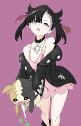  asymmetrical_bangs bad_id bad_pixiv_id black_choker black_hair black_jacket breasts choker cleavage commentary dress drooling english_commentary fangs female green_eyes hair_ribbon highres holding holding_pokemon jacket looking_at_viewer marnie_(pokemon) morpeko morpeko_(full) ocha_(popopogg) off_shoulder open_mouth pendant_choker pink_background pink_dress pokemon pokemon_(creature) pokemon_swsh red_ribbon ribbon short_dress simple_background small_breasts twintails two_side_up 