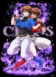  2boys blue_eyes brown_hair chain_necklace chains character_name chris_(kof) covered_navel dual_persona fire highres jewelry male_focus miru_(mill_36) multiple_boys necklace orochi_chris pants purple_fire pyrokinesis short_hair skin_tight sleeveless sleeveless_turtleneck the_king_of_fighters turtleneck twitter_username white_pants 