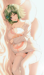  ;p absurdres alternate_costume black_panties blue_eyes commission female green_hair gunvolt_chronicles_luminous_avenger_ix highres hugging_object jisu_lee long_sleeves lying on_side one_eye_closed panties pillow pixiv_commission roro_(gunvolt) shirt short_hair single_bare_shoulder solo thighhighs tongue tongue_out underwear white_shirt white_thighhighs 