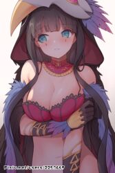  animal_ears arm_under_breasts bare_shoulders black_gloves black_hair blue_eyes blunt_bangs blush breast_hold breasts brown_dust celia_(brown_dust) chinese_commentary cleavage commentary_request detached_collar facial_mark female fur_trim gloves highres large_breasts long_hair looking_to_the_side mask mask_on_head navel parted_lips patreon_username revision simple_background solo stomach upper_body waero watermark web_address white_background 