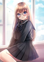  bad_id bad_pixiv_id black_bow black_sailor_collar black_serafuku black_shirt black_skirt blue_eyes blush bow breast_pocket brown-framed_eyewear brown_hair closed_mouth cloud commentary day feet_out_of_frame female glasses highres indoors long_hair long_sleeves looking_at_viewer minami_saki original pleated_skirt pocket round_eyewear sailor_collar school_uniform serafuku shirt sitting skirt solo striped very_long_hair wavy_mouth white_stripes window yokozuwari 