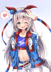  absurdres animal_ears blue_eyes blush breasts collarbone crop_top disembodied_hand female fingerless_gloves gloves grey_hair grey_tail headband headpat highres horse_ears horse_girl horse_tail jacket long_hair looking_at_viewer midriff navel oerba_yun_fang one_eye_closed pants setu_(shining12) simple_background small_breasts tail tamamo_cross_(umamusume) umamusume 