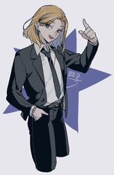  1boy a&#039;he_(the_legend_of_luoxiaohei) arm_up belt black_jacket black_necktie black_pants blonde_hair collared_shirt commentary_request cropped_legs dated drruraguchi formal hand_in_pocket highres index_finger_raised jacket luo_xiaohei_zhanji male_focus necktie open_mouth pants shirt shirt_tucked_in short_hair smile solo star_(symbol) suit white_shirt 