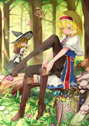  2girls absurdres alice_margatroid basket blonde_hair blue_dress blue_eyes boots brown_footwear dress feet forest hairband highres kirisame_marisa knee_boots legs medium_hair multiple_girls mushroom nature panties pantyhose pantyshot red_hairband shoes single_boot single_knee_boot sitting sweat touhou underwear unworn_boots yazato_ichimushi 