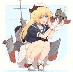  ;d blonde_hair blue_eyes blue_sailor_collar bobby_socks commentary_typo dress english_commentary female giant giantess gloves hat holding jervis_(kancolle) kantai_collection long_hair mary_janes one_eye_closed open_mouth raps_(yohomeboyraps) rigging sailor_collar sailor_dress sailor_hat ship shoes size_difference smile smokestack socks squatting torpedo torpedo_tubes watercraft white_dress white_gloves white_headwear 