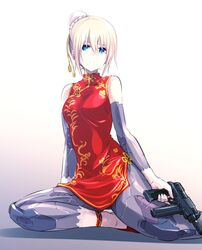  absurdres black_footwear blonde_hair blue_eyes bun_cover china_dress chinese_clothes closed_mouth commentary dress expressionless female flats gradient_background gun hair_bun high_collar highres holding holding_gun holding_weapon ishiyumi looking_at_viewer mechanical_arms mechanical_buddy_universe mechanical_legs momdroid_(mechanical_buddy_universe) print_dress red_dress shadow short_dress short_hair side_slit single_hair_bun sitting sleeveless sleeveless_dress solo submachine_gun trigger_discipline weapon yokozuwari 