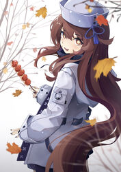  absurdres alternate_hairstyle autumn_leaves black_nails breasts coat female flower food genshin_impact hair_down hat highres hu_tao_(genshin_impact) leaf long_hair long_sleeves looking_at_viewer looking_back mcoco7 nail_polish open_mouth red_eyes scarf smile solo symbol-shaped_pupils very_long_hair wide_sleeves winter_clothes winter_coat 