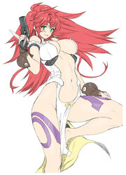  absurdres bare_shoulders blush breasts brown_gloves cleavage commentary_request dress earrings female fingerless_gloves gloves green_eyes gun handgun highres himeki_luna holding holding_gun holding_weapon jewelry long_hair looking_at_viewer messy_hair navel open_clothes open_dress ponytail red_hair sidelocks simple_background smile solo standing standing_on_one_leg stomach vanguard_princess weapon white_background white_dress whoosaku 