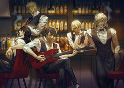  5boys akai_shuuichi alcohol amuro_tooru apron arm_rest bar_(place) bartender beanie black_apron black_bow black_bowtie black_footwear black_hair black_headwear black_pants black_ribbon black_vest blonde_hair bottle bow bowtie brown_hair ceiling_light chair cigarette closed_eyes collared_shirt commentary_request counter covered_mouth crossed_arms crossed_legs cup dress_shirt drinking_glass electric_guitar facial_hair facing_viewer formal gin_(meitantei_conan) grin guitar hair_over_eyes hair_over_one_eye hangleing hat head_rest holding holding_cup holding_instrument indoors instrument irish_(meitantei_conan) leaning_back leaning_forward leaning_on_object long_hair looking_at_viewer looking_down male_focus meitantei_conan mug multiple_boys music one_eye_covered pants photoshop_(medium) playing_instrument popped_collar profile ribbon saucer scotch_(meitantei_conan) shelf shirt shoes sitting sleeves_rolled_up smile smoking socks standing stubble suit swept_bangs very_long_hair vest whiskey white_shirt wine wine_bottle wing_collar wrinkled_skin 