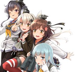  4girls akanbe amatsukaze_(kancolle) ascot binoculars black_dress black_hair black_pantyhose blue_background blue_eyes blue_hair blue_sailor_collar blunt_bangs blush brown_eyes brown_hair cover_image dress eyelid_pull flower gloves grey_ascot grey_hair hair_flower hair_ornament hair_tubes hatsukaze_(kancolle) headgear holding holding_binoculars kantai_collection light_blue_hair long_hair long_sleeves multiple_girls neckerchief one_eye_closed open_mouth pantyhose purple_eyes red_legwear sailor_collar sailor_dress shirt short_hair short_hair_with_long_locks simple_background striped_clothes striped_thighhighs sweat teeth thighhighs tokitsukaze_(kancolle) tongue tongue_out two_side_up upper_teeth_only v watanore white_background white_dress white_gloves white_hair white_sailor_collar white_shirt yellow_neckerchief yukikaze_(kancolle) yukikaze_kai_ni_(kancolle) 