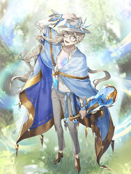  1boy :d airm arm_up asymmetrical_hair bad_source blue_cape blue_cheese_(food_fantasy) blue_eyes blue_feathers blue_ribbon bow_(music) braid brown_footwear cape collarbone eyelashes feather_hair_ornament feathers fedora food_fantasy forest from_above glasses gold_trim grass grey_pants hair_between_eyes hair_ornament hand_on_headwear hat hat_ribbon highres holding holding_instrument holding_violin instrument long_hair looking_at_viewer male_focus music musical_note nature official_art open_clothes open_shirt outdoors pale_skin pants partially_unbuttoned ribbon round_eyewear sash scar scar_on_chest shirt sleeve_cuffs smile solo standing third-party_source tree veins violin wavy_hair white_hair white_hat white_shirt 