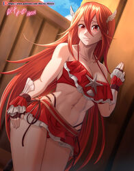  absurdres bare_arms bare_legs bare_shoulders bikini bikini_skirt breasts cleavage collarbone cordelia_(fire_emblem) cordelia_(summer)_(fire_emblem) female fingerless_gloves fire_emblem fire_emblem_awakening fire_emblem_heroes gloves hair_between_eyes highres indoors large_breasts long_hair looking_at_viewer midriff official_alternate_costume red_bikini red_eyes red_hair smile solo swimsuit thighs toned variant_set very_long_hair vilde_loh_hocen wing_hair_ornament 