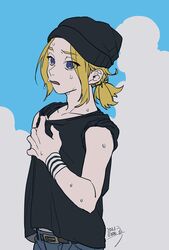  1boy a&#039;he_(the_legend_of_luoxiaohei) beanie belt black_hat black_shirt blonde_hair blue_eyes blue_pants commentary_request dated drruraguchi eyes_visible_through_hair hand_up hat highres luo_xiaohei_zhanji male_focus pants parted_lips shirt sleeveless sleeveless_shirt solo sweat upper_body 