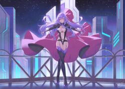  artist_name binato_lulu black_footwear black_leotard boots breasts cape cosplay female full_body garter_belt glowing glowing_eyes grin hair_between_eyes iris_heart jewelry leotard long_hair looking_at_viewer macross macross_frontier macross_frontier:_itsuwari_no_utahime medium_breasts necklace neptune_(series) night night_sky power_symbol power_symbol-shaped_pupils purple_hair purple_thighhighs red_eyes revealing_clothes sheryl_nome sheryl_nome_(cosplay) sky smile solo symbol-shaped_pupils thigh_boots thighhighs 