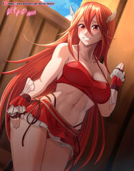  artist_name bare_arms bare_legs bare_shoulders bikini bikini_skirt breasts cleavage collarbone commentary cordelia_(fire_emblem) cordelia_(summer)_(fire_emblem) day english_commentary female fingerless_gloves fire_emblem fire_emblem_awakening fire_emblem_heroes gloves grin hair_between_eyes highres indoors large_breasts long_hair looking_at_viewer midriff mixed-language_commentary navel official_alternate_costume patreon_logo patreon_username red_bikini red_eyes red_hair smile solo swimsuit thighs toned variant_set very_long_hair vilde_loh_hocen web_address wing_hair_ornament 