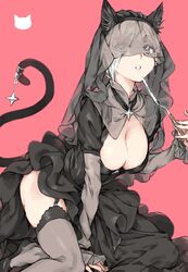  absurdres animal_ears black_dress black_footwear black_tail breasts cat_ears cat_girl cat_tail cleavage dress female fingernails grey_eyes haimura_kiyotaka highres large_breasts mina_mathers pink_background simple_background solo tail thighhighs thighs toaru_majutsu_no_index toaru_majutsu_no_index:_imaginary_fest toaru_majutsu_no_index:_new_testament veil white_hair 