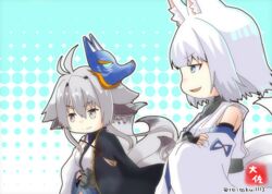  2girls :d animal_ears antenna_hair aqua_eyes azur_lane black_gloves commentary_request crossed_arms detached_sleeves earrings eyes_visible_through_hair fingerless_gloves fox_ears fox_girl fox_mask fox_tail gloves grey_eyes grey_hair hand_on_own_hip japanese_clothes jewelry kaga_(battleship)_(azur_lane) kitsune kyuubi long_hair looking_away mask mask_on_head multiple_girls multiple_tails open_mouth polka_dot polka_dot_background short_hair sidelocks signature simple_background smile tail taisa_(kari) thick_eyebrows tosa_(azur_lane) twitter_username white_hair wide_sleeves 