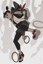  1boy black_choker black_eyes black_hair black_legwear camouflage camouflage_shorts choker double_bun drruraguchi floating floating_object hair_bun highres hoop jacket luo_xiaohei_zhanji male_focus nezha_(the_legend_of_luoxiaohei) pantyhose_under_shorts shirt shorts solo white_shirt 