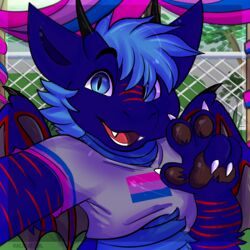  1:1 anthro banner bisexual_pride_colors blue_eyes clothing crop_top dragon fence flag flag_(object) flag_(shape) flag_design flag_print fur furred_dragon furred_scalie gesture grin hand_gesture hi_res horn kyle_stark lgbt_pride male markings membrane_(anatomy) membranous_wings multicolored_clothing multicolored_crop_top multicolored_shirt multicolored_topwear mythological_creature mythological_scalie mythology open_mouth pawpads pride_color_banner pride_color_clothing pride_color_crop_top pride_color_flag pride_color_shirt pride_color_topwear pride_colors print_clothing print_shirt print_t-shirt print_topwear saffron_(saffron~) scalie shirt smile solo striped_markings stripes t-shirt the_chubster_wolfie topwear v_sign wings 