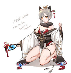  2021 absurdres animal_ears azur_lane bare_shoulders character_name facial_mark feet female full_body grey_hair highres holding holding_paddle legs looking_at_viewer myomu off_shoulder official_alternate_costume orange_eyes paddle panties sandals simple_background solo string_panties suzutsuki_(azur_lane) suzutsuki_(suzutsuki_hanetsuki_adept!)_(azur_lane) underwear white_background wide_sleeves zouri 