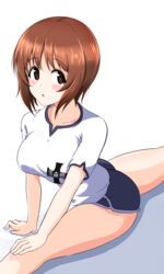  :o absurdres aikir_(jml5160) black_shorts brown_eyes brown_hair commentary dolphin_shorts emblem female girls_und_panzer gym_shirt gym_uniform highres kuromorimine_(emblem) looking_at_viewer nishizumi_miho parted_lips shirt short_hair short_shorts short_sleeves shorts solo split stretching white_shirt 