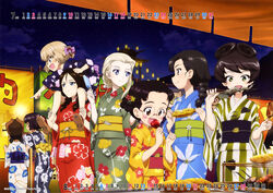  6+girls :d absurdres alina_(girls_und_panzer) august black_hair black_kimono blonde_hair blue_eyes blue_kimono blush_stickers braid brown_eyes brown_hair calendar_(medium) candy_apple clara_(girls_und_panzer) closed_mouth corn double_bun eating fish fish_(food) floral_print food fukuda_haru girls_und_panzer glasses green_eyes green_kimono grey_eyes hair_bun hair_over_shoulder highres holding holding_food hosomi_shizuko japanese_clothes july katyusha_(girls_und_panzer) kimono lantern long_hair looking_at_another multiple_girls night night_sky nina_(girls_und_panzer) nishi_kinuyo nonna_(girls_und_panzer) obi oerba_yun_fang official_art open_mouth print_kimono red_kimono sash scan short_hair sitting_on_shoulder sky smile star_(sky) summer_festival twin_braids yellow_kimono yukata 