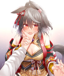  1boy ahoge animal_ears black_hair blush breasts cleavage cleavage_cutout clothing_cutout commentary detached_sleeves ear_ornament female hair_between_eyes holding_hands horse_ears horse_girl horse_tail interlocked_fingers kitasan_black_(umamusume) large_breasts licking licking_finger multicolored_hair red_eyes revision rui_shi_(rayze_ray) saliva short_hair solo_focus straight streaked_hair tail tongue tongue_out umamusume white_hair 