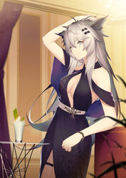  absurdres animal_ears arknights arm_up bare_arms bare_shoulders black_dress breasts chinese_commentary cleavage commentary cowboy_shot dress female grey_eyes grey_hair hair_between_eyes hair_ornament hairclip highres indoors jiusan_naitang lappland_(arknights) long_hair looking_at_viewer smile solo standing very_long_hair wolf_ears 